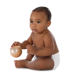 Photo of Cute African-American baby with Christmas decoration on white background