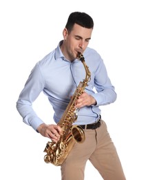 Photo of Young man playing saxophone on white background