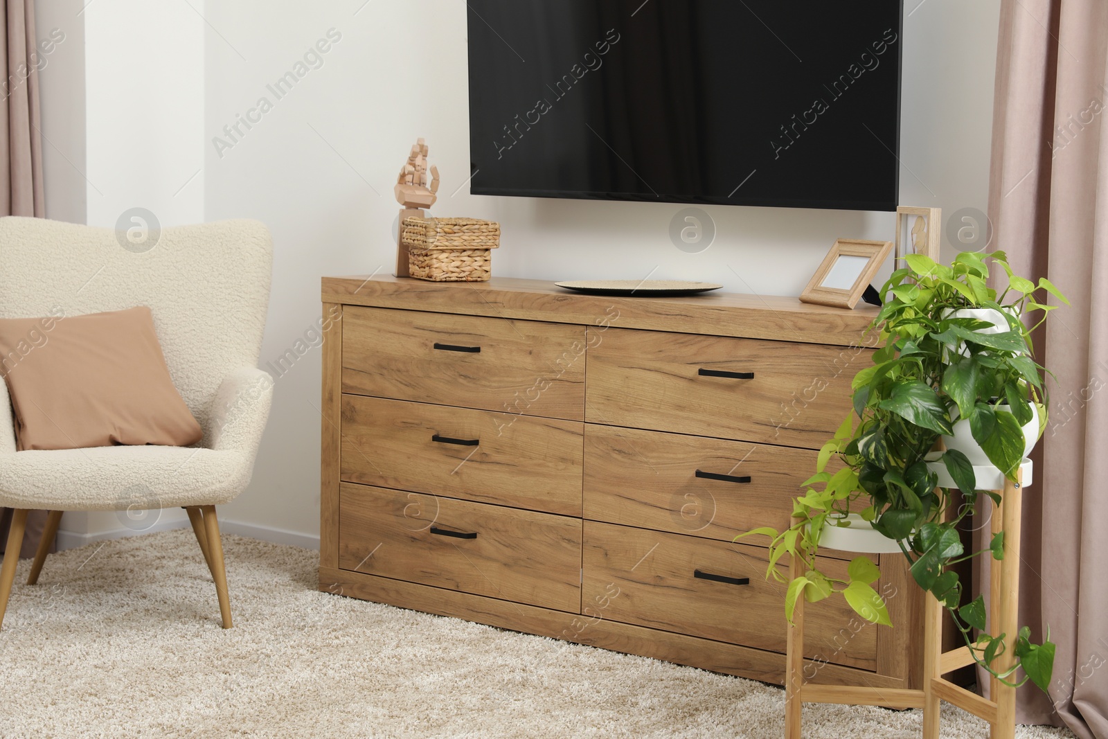 Photo of Cozy room interior with chest of drawers, TV set, armchair and decor elements