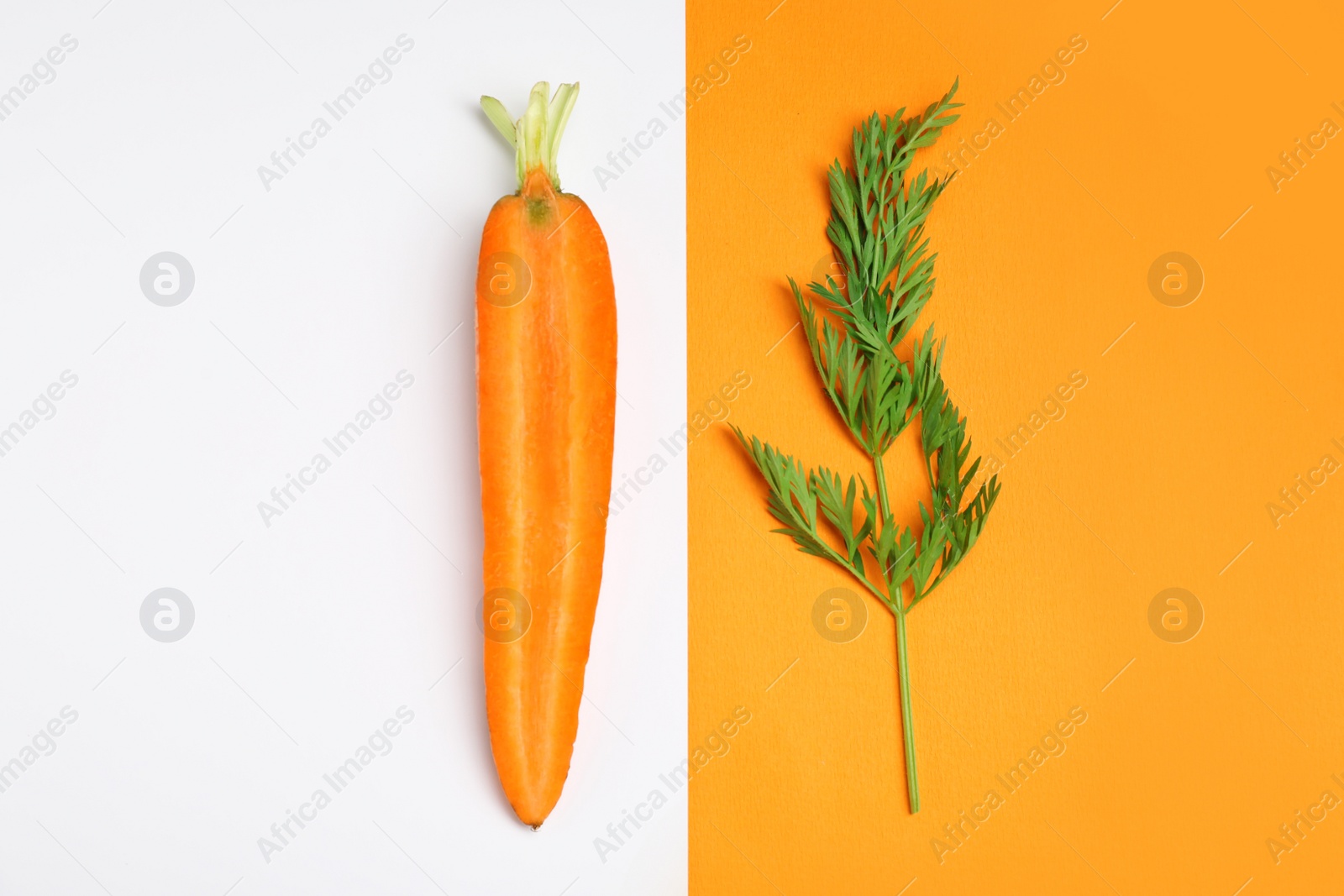 Photo of Creative flat lay composition with fresh ripe carrot on color background