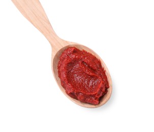 Photo of Wooden spoon of tasty tomato paste isolated on white, top view