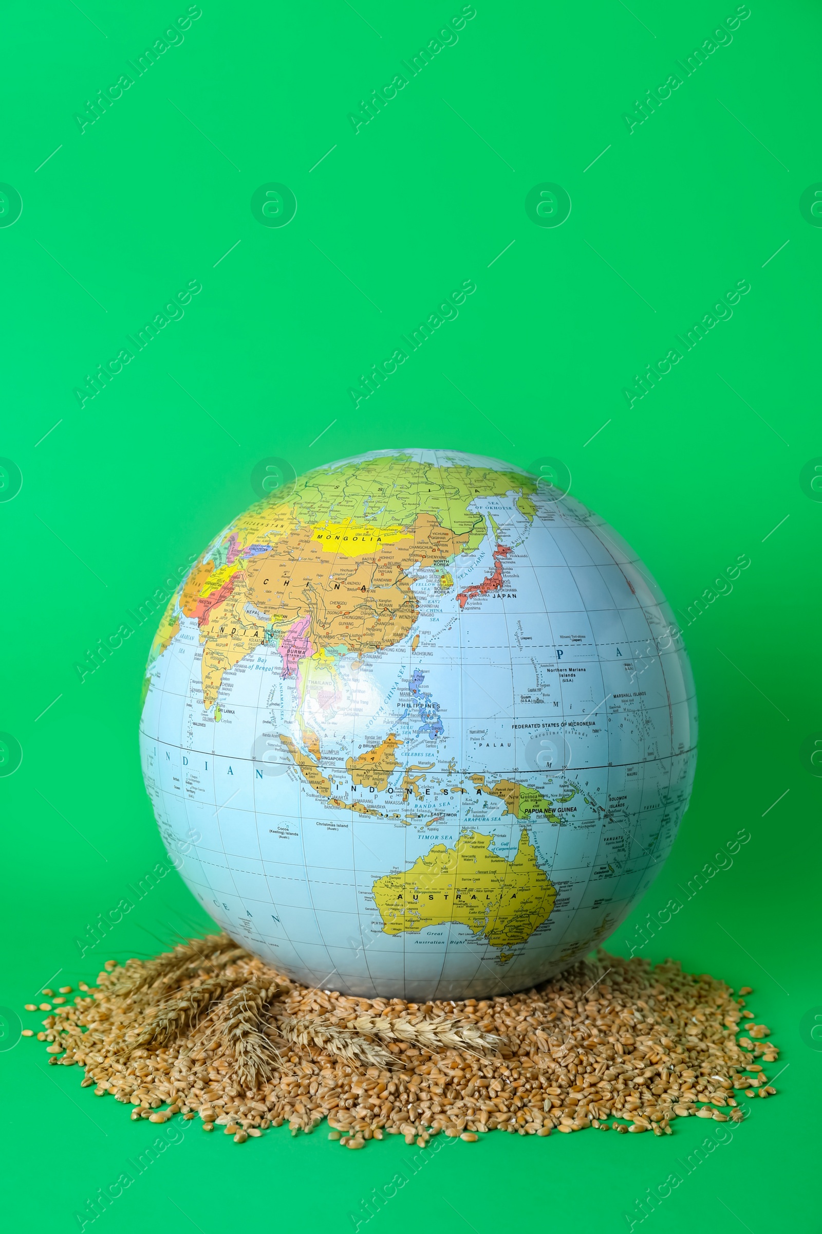 Photo of Globe with wheat grains on green background. Hunger crisis concept