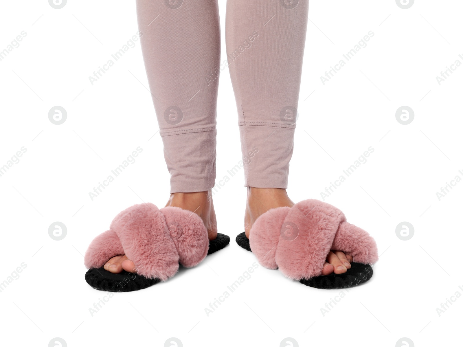 Photo of Woman in soft slippers on white background, closeup