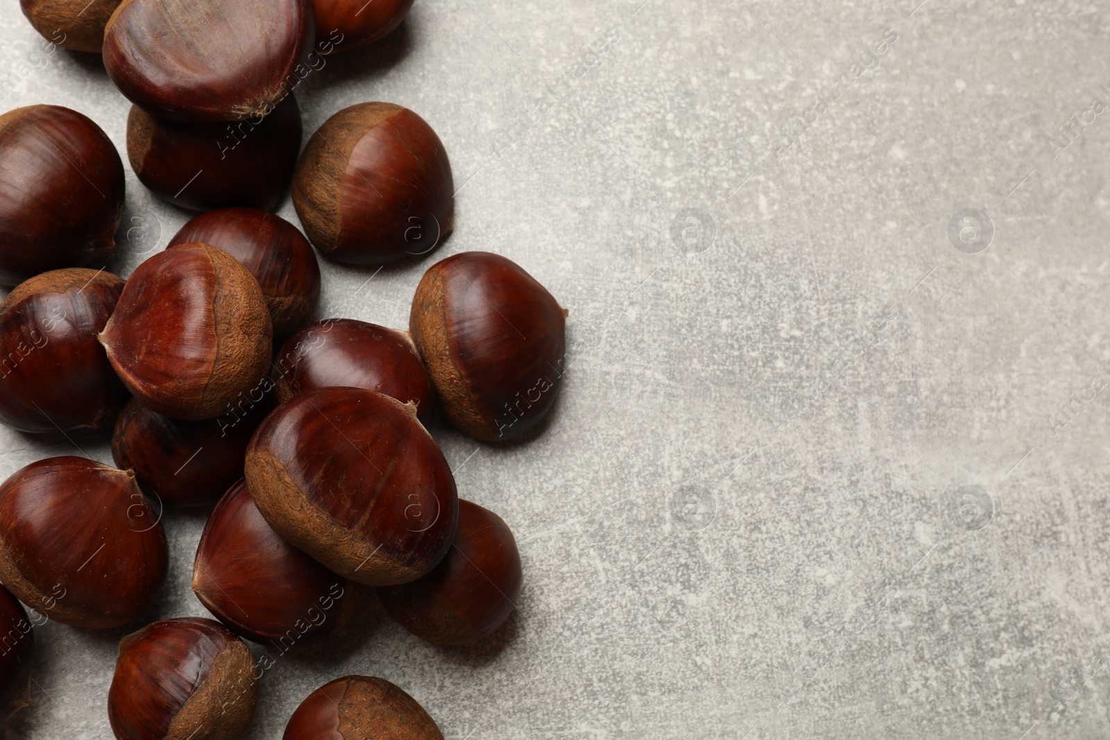 Photo of Roasted edible sweet chestnuts on light grey table, flat lay. Space for text