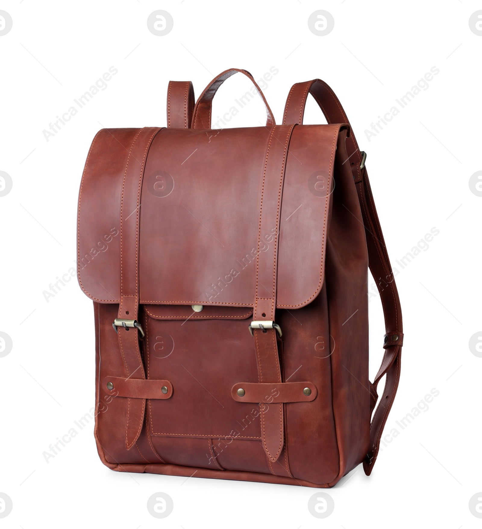 Photo of Stylish brown leather urban backpack isolated on white