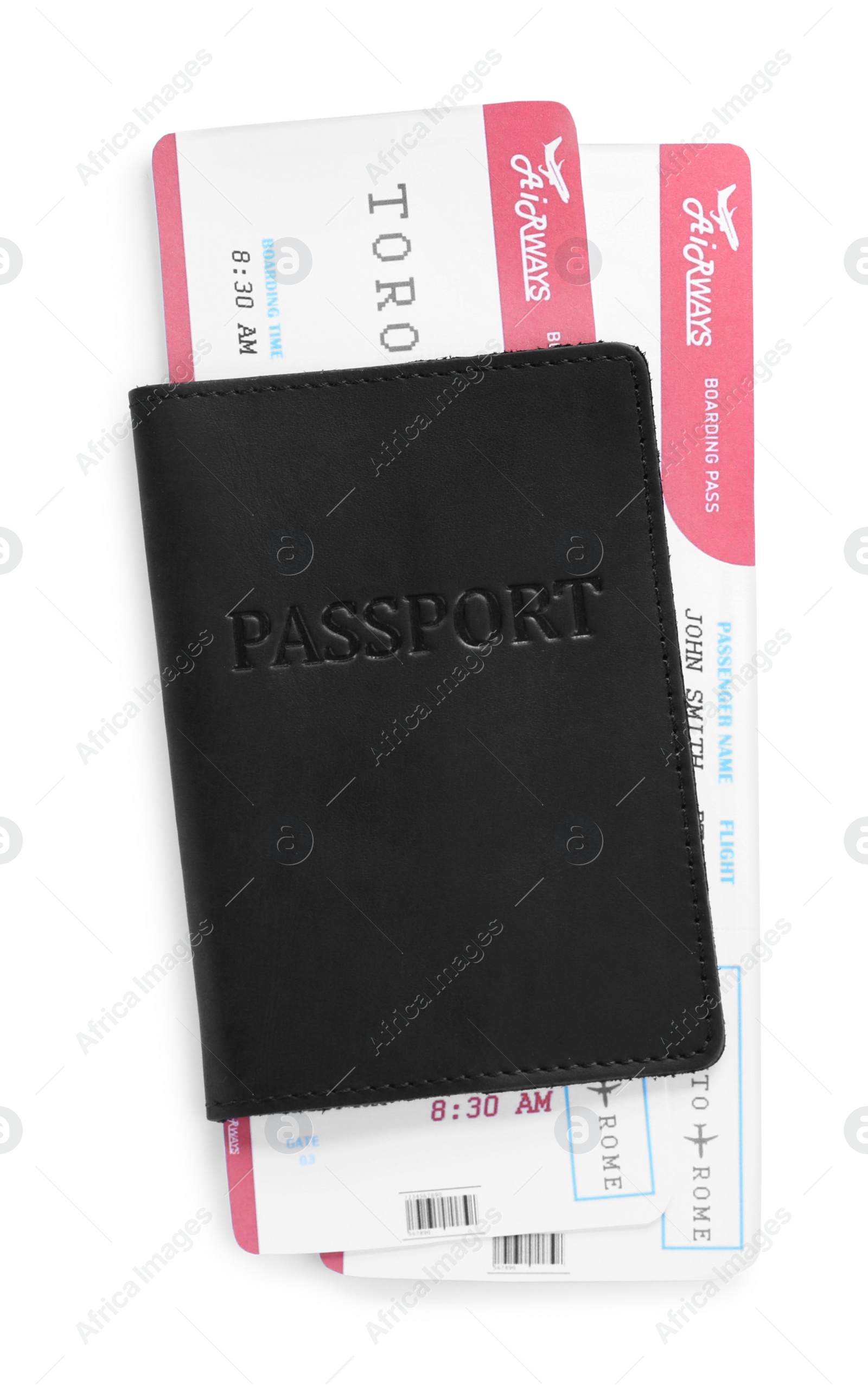 Photo of Passport and tickets isolated on white, top view. Travel agency concept