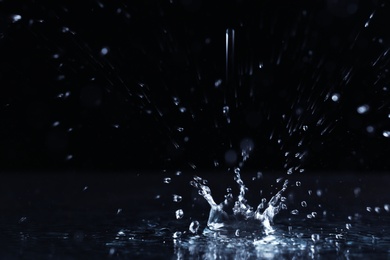 Photo of Rain drop falling down into puddle on dark background