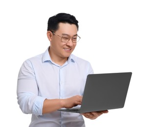 Photo of Businessman in formal clothes with laptop on white background