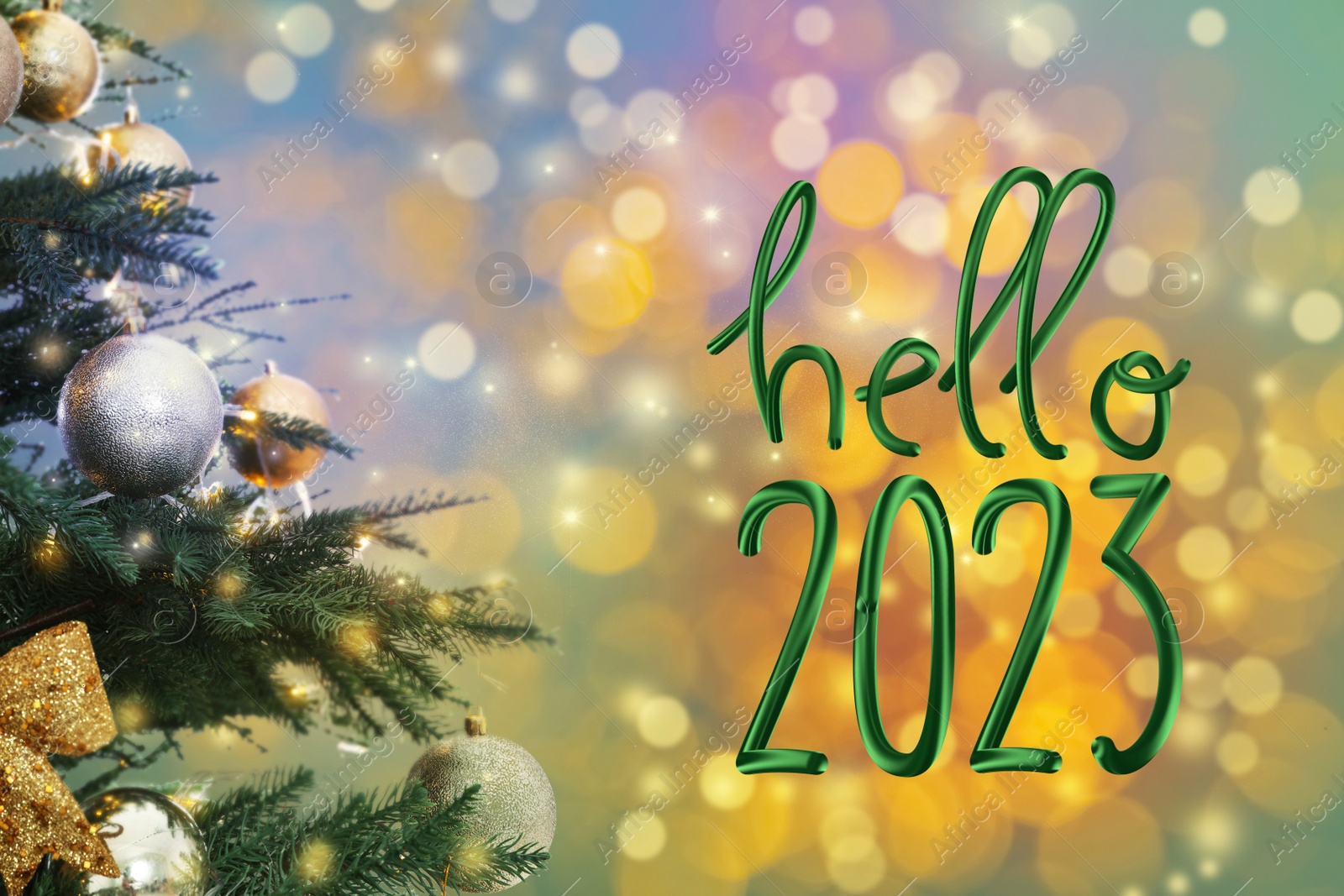 Image of Hello 2023. Beautiful Christmas tree with bright baubles against blurred festive lights