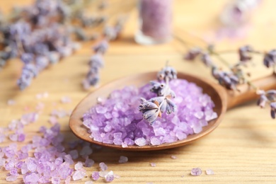 Photo of Composition with lavender flowers and natural cosmetic on wooden background