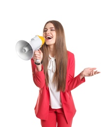 Photo of Young woman shouting into megaphone on white background