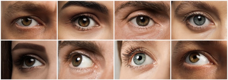 Image of Collage with photos of people with beautiful eyes of different colors. Banner design