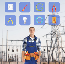 Image of Young electrician and set of tools against high voltage towers