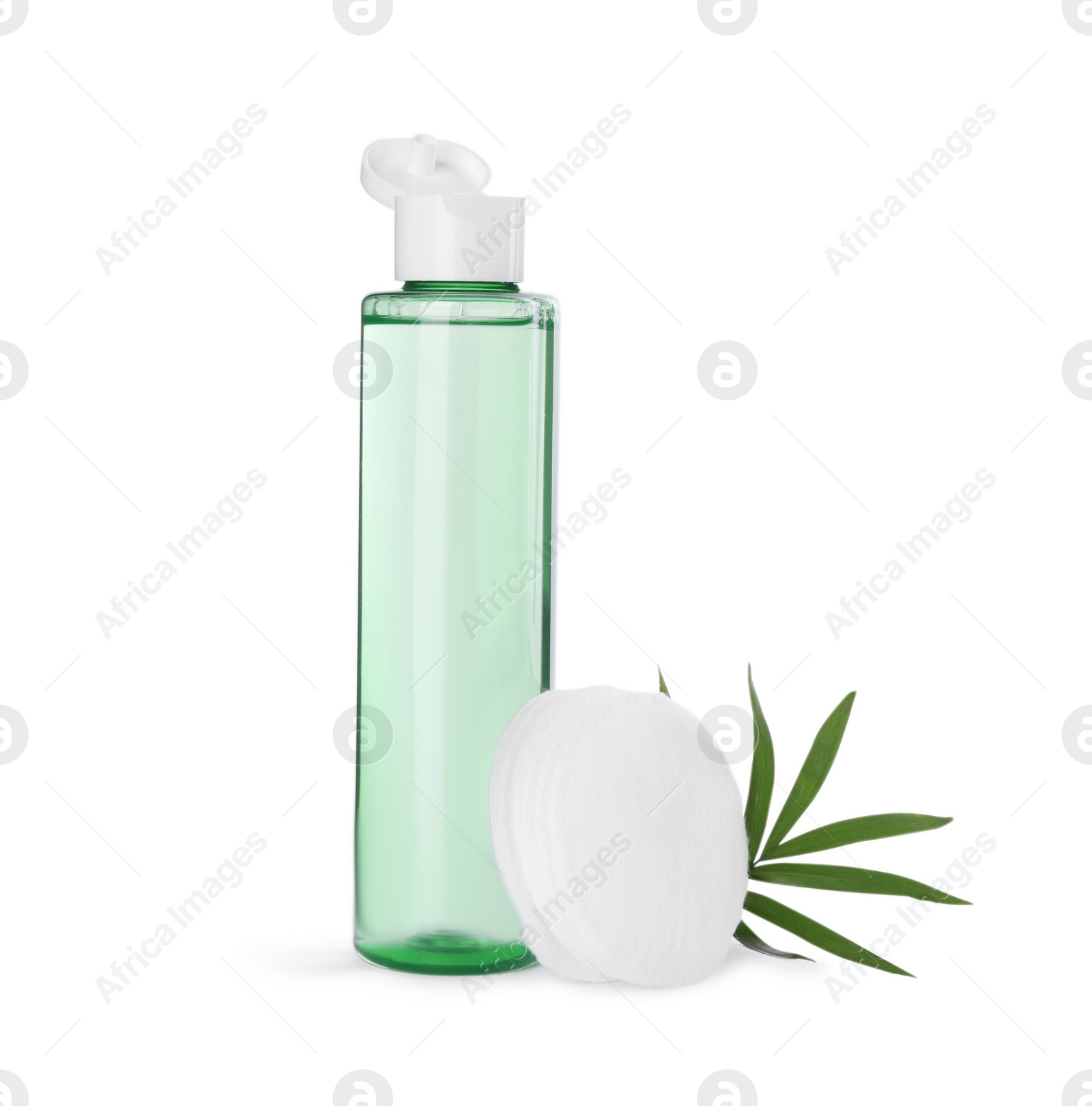 Photo of Bottle of micellar cleansing water, cotton pads and green twig on white background