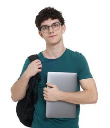 Portrait of student with backpack and laptop on white background