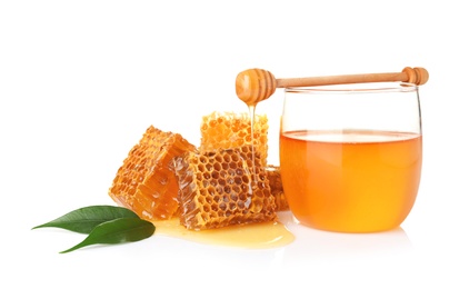 Composition with fresh honey on white background