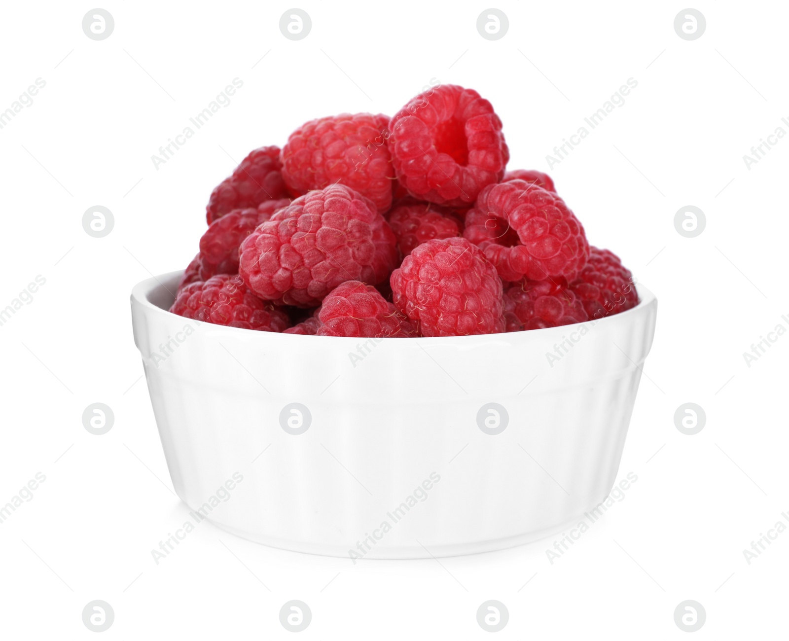 Photo of Delicious fresh ripe raspberries in bowl isolated on white