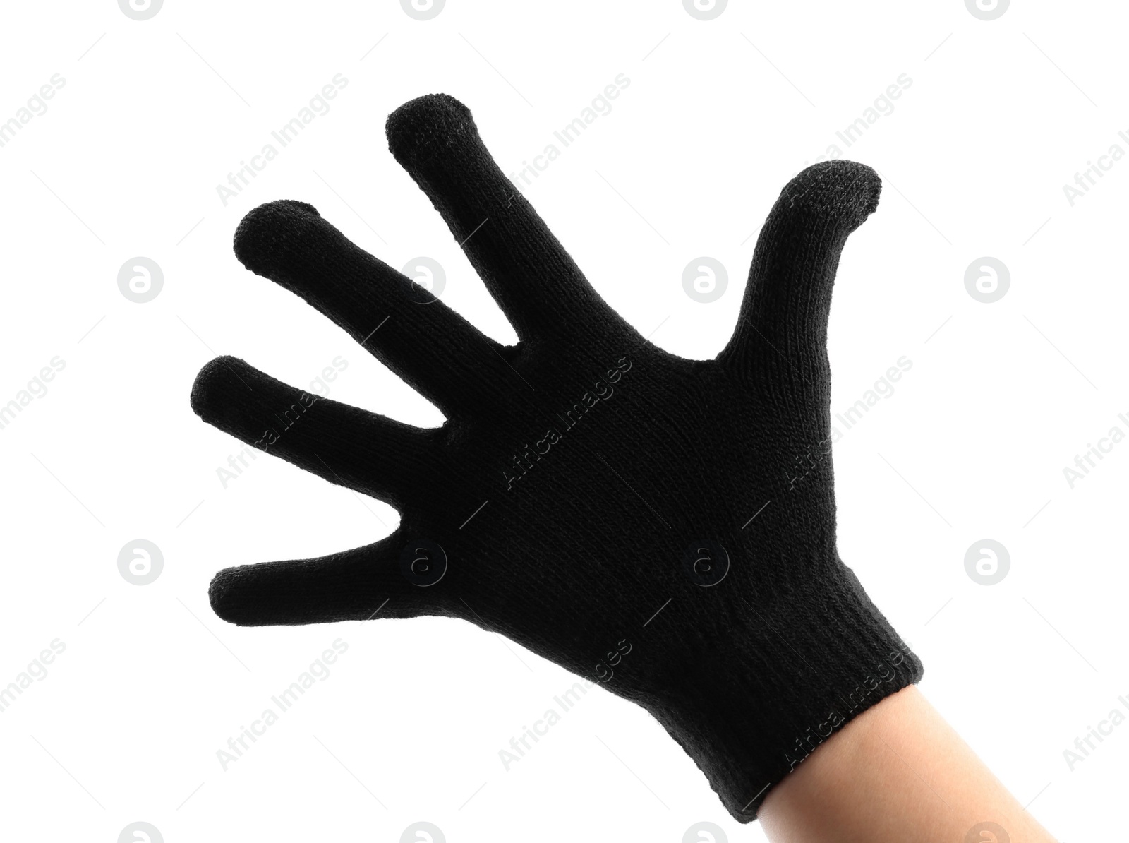 Photo of Woman in black woolen glove on white background, closeup. Winter clothes