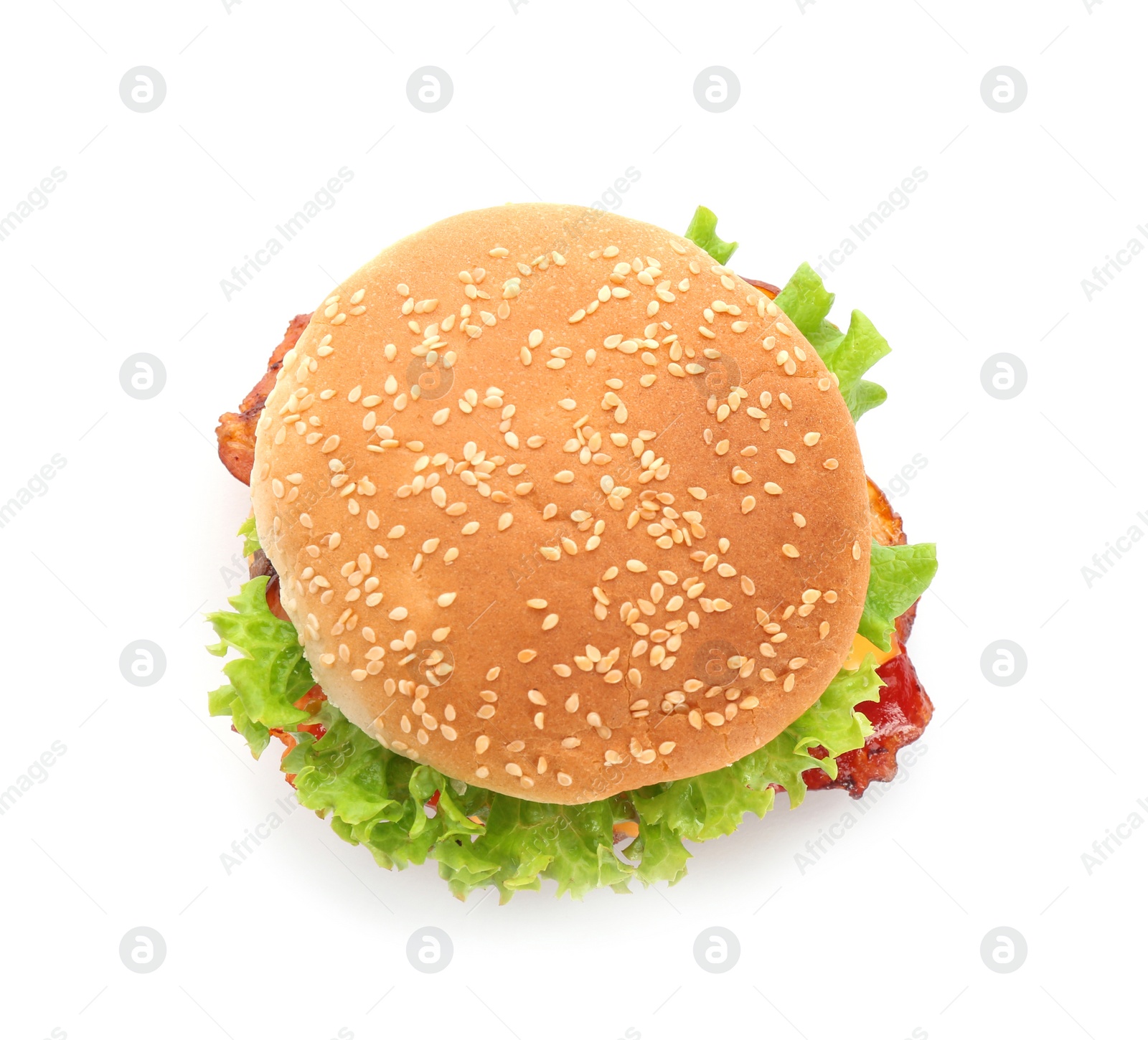 Photo of Tasty burger on white background, top view