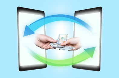 Image of Online money transfer. Man giving dollar banknotes to woman, closeup. Mobile phones with hands and arrows on light blue background