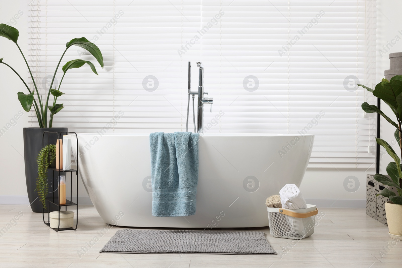 Photo of Stylish bathroom interior with bath tub, houseplants and soft light grey mat