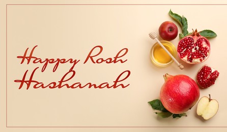 Image of Flat lay composition with Rosh Hashanah holiday attributes on beige background 