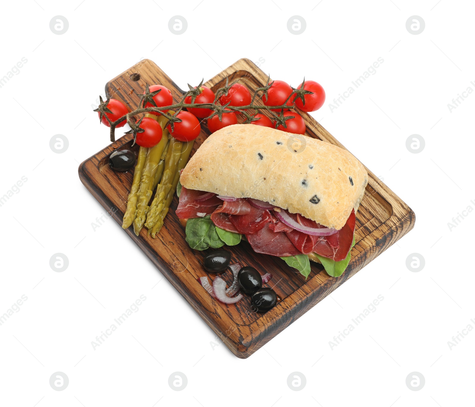 Photo of Delicious sandwich with bresaola, onion and other products isolated on white