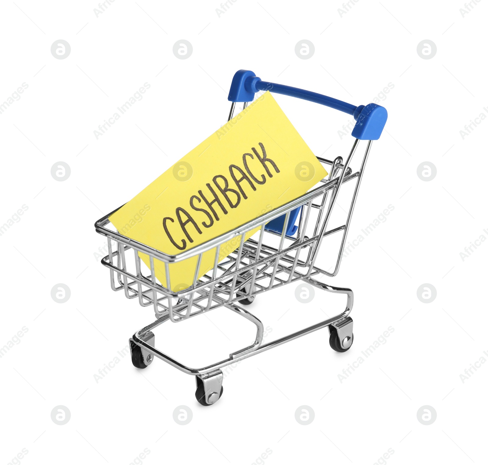 Photo of Card with word Cashback in shopping cart isolated on white