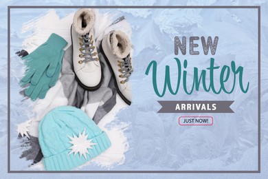 New winter arrivals flyer design. Warm women's clothes, shoes, accessories and text on white wooden background, flat lay