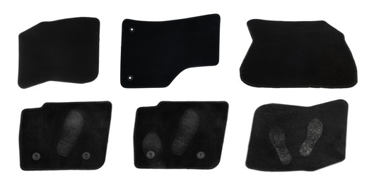 Image of Set with black car floor mats on white background, top view. Banner design