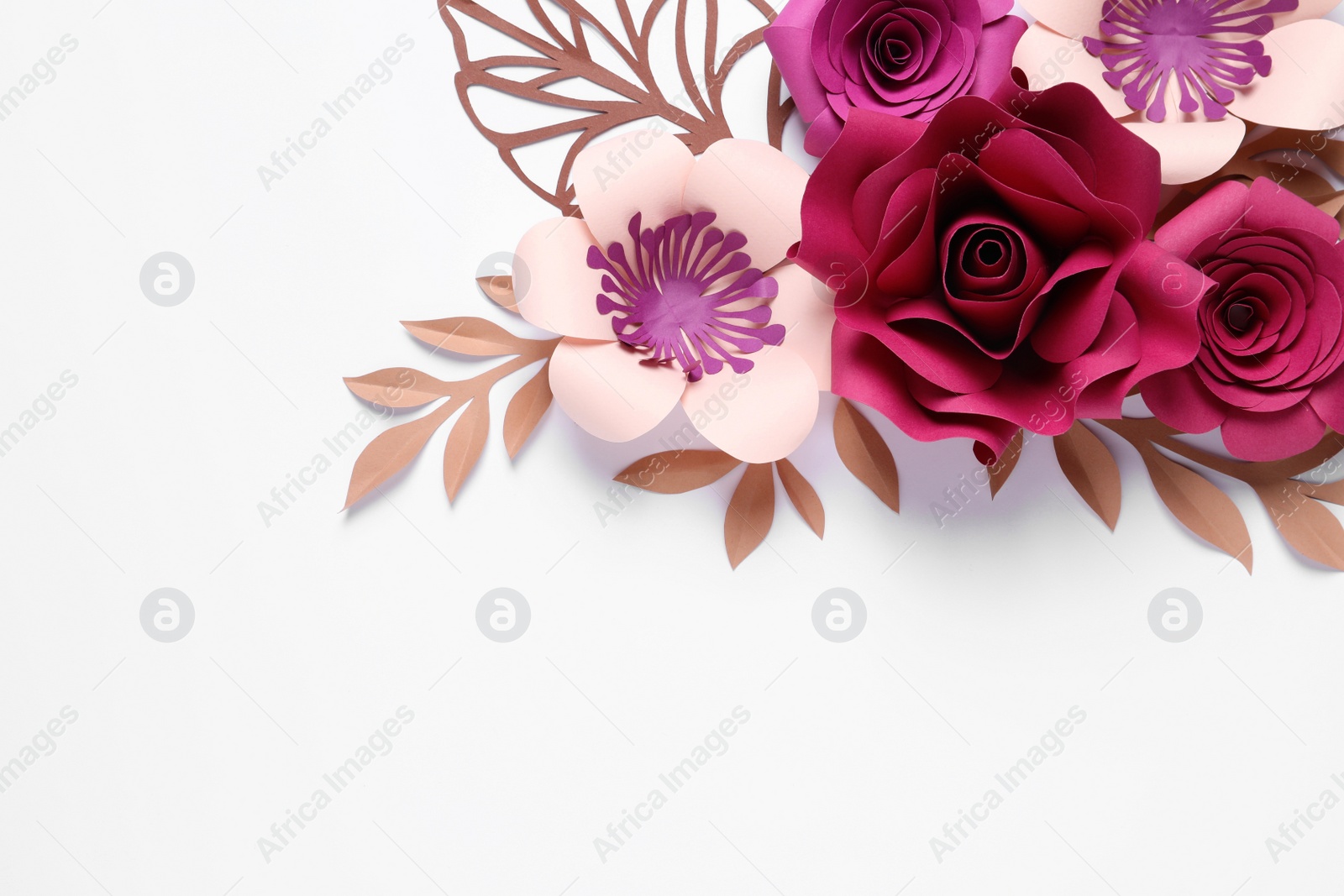 Photo of Different beautiful flowers and branches made of paper on white background, top view