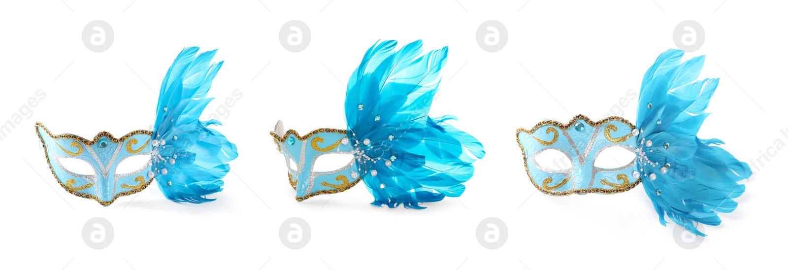 Image of Set of beautiful carnival masks on white background. Banner design