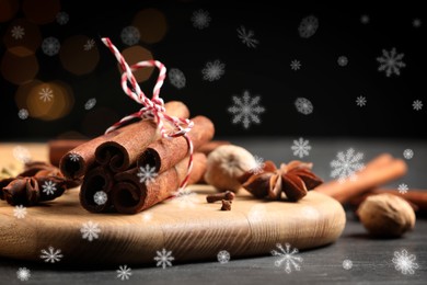 Different spices on dark table, closeup. Cinnamon, cloves, anise, nutmegs