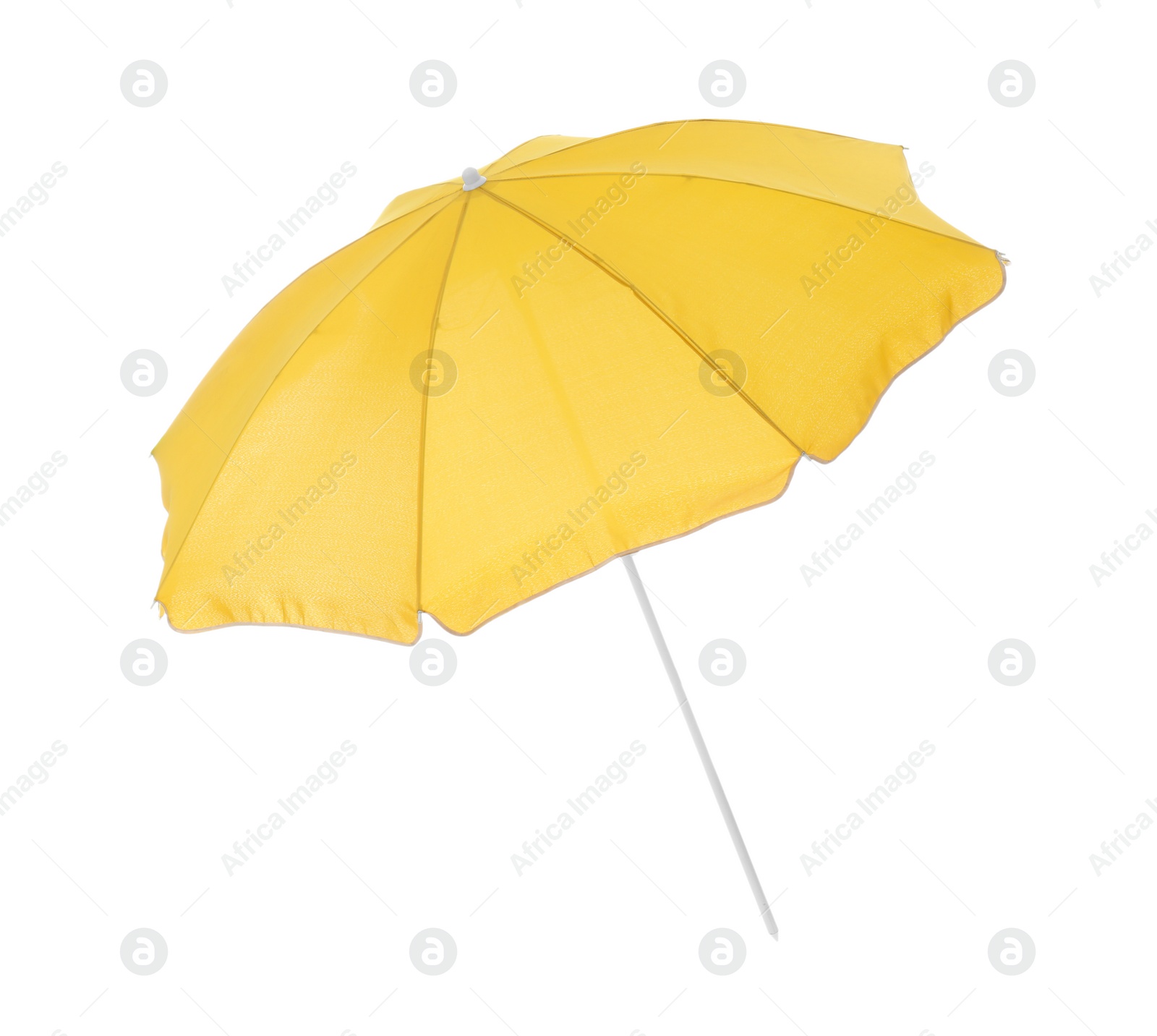 Photo of Open yellow beach umbrella isolated on white