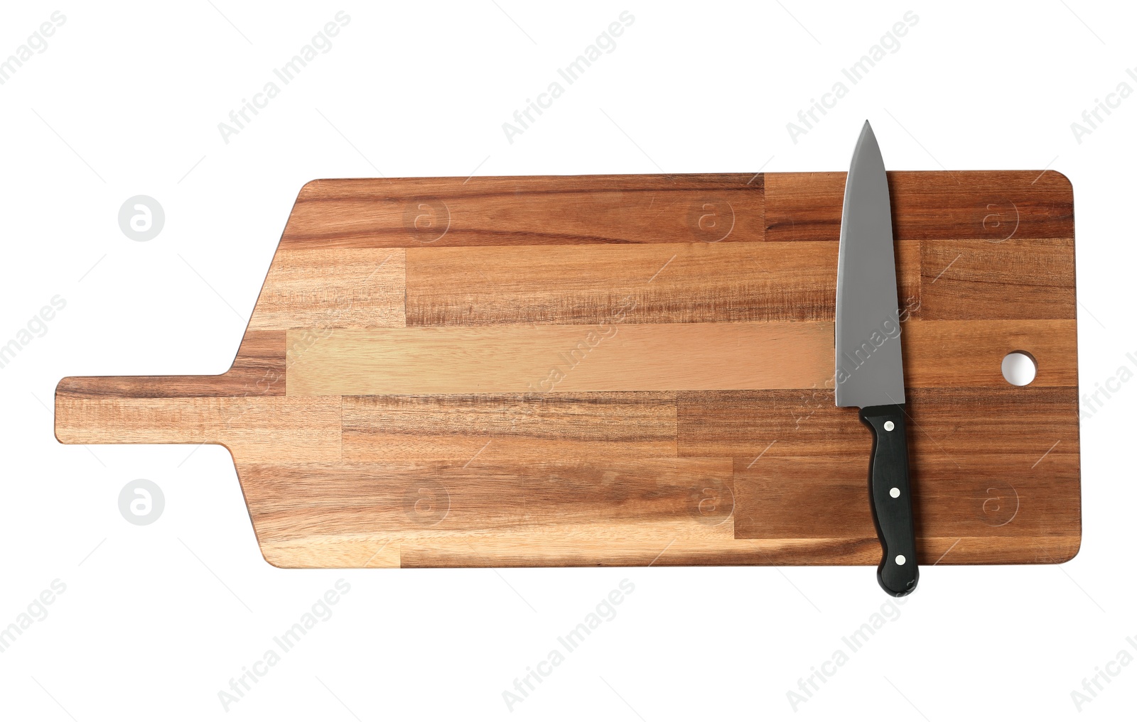 Photo of Sharp chef's knife with wooden board isolated on white, top view