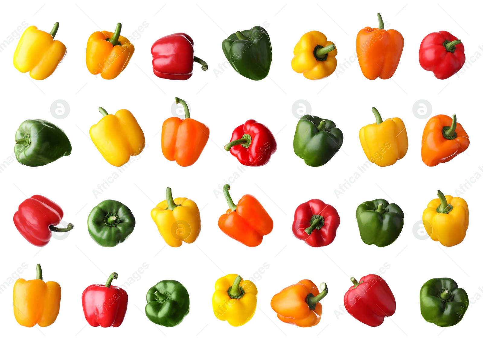 Image of Set of different ripe bell peppers on white background