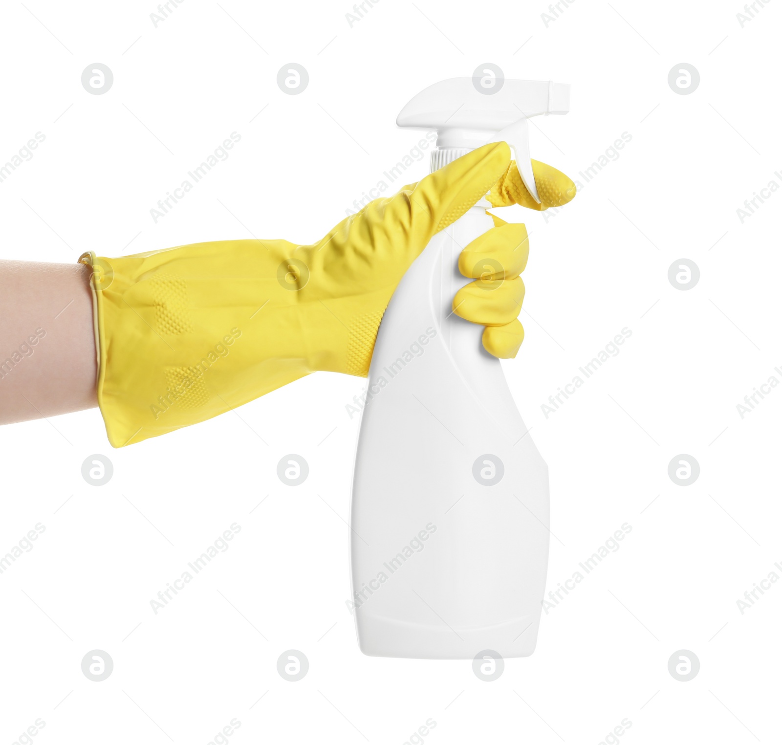 Photo of Person in rubber glove with detergent spray on white background, closeup of hand