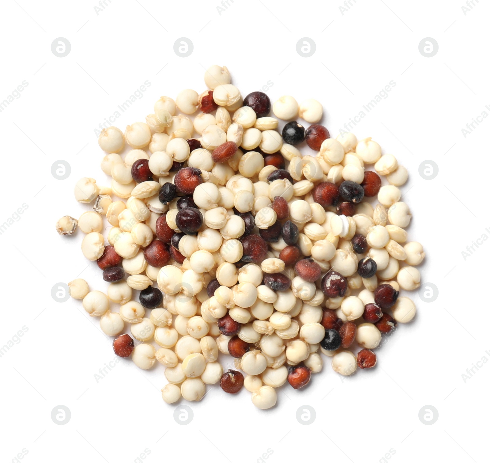 Photo of Pile of raw quinoa seeds isolated on white, top view
