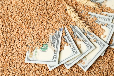 Photo of Dollar banknotes and wheat ears on grains, above view. Agricultural business