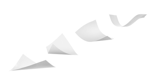 Image of Blank sheets of paper flying on white background. Banner design 