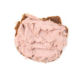 Photo of Delicious liverwurst sandwich isolated on white, top view