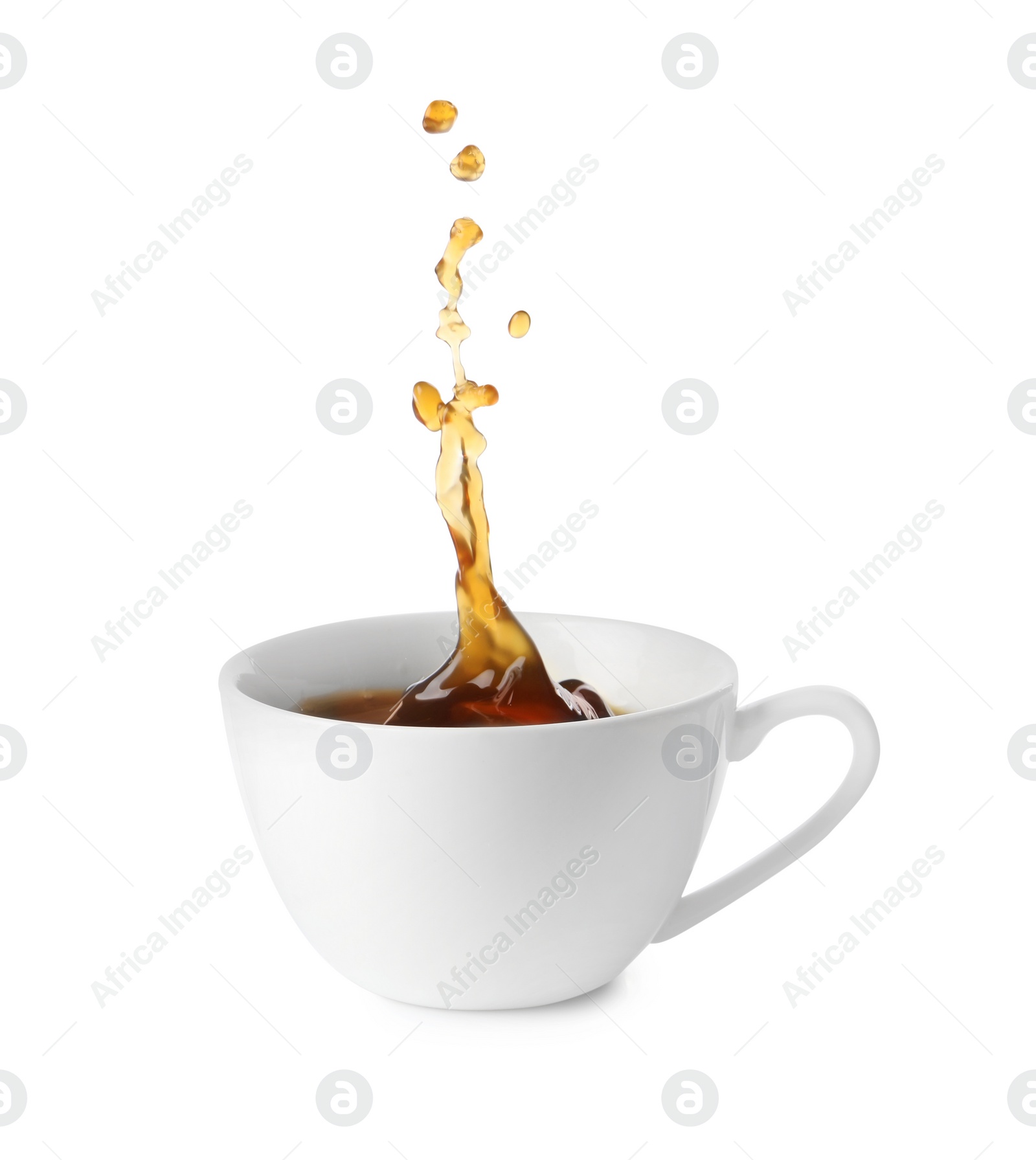 Photo of Cup with splashing coffee isolated on white