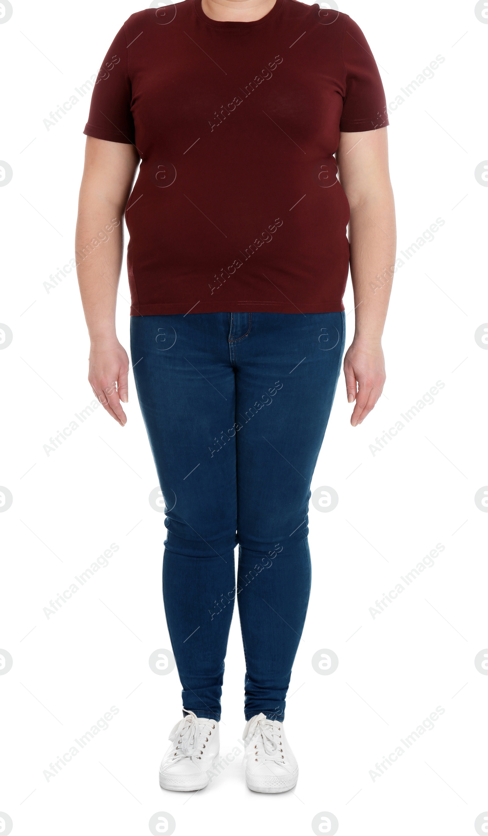 Photo of Overweight woman on white background, closeup. Weight loss