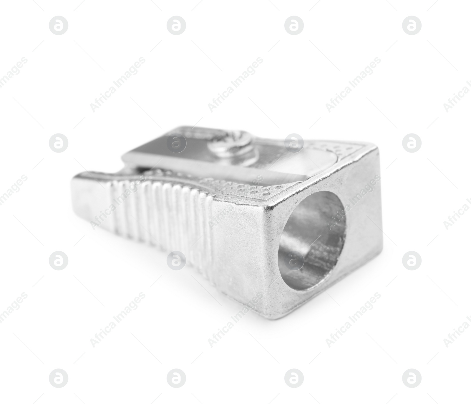 Photo of Shiny metal pencil sharpener isolated on white