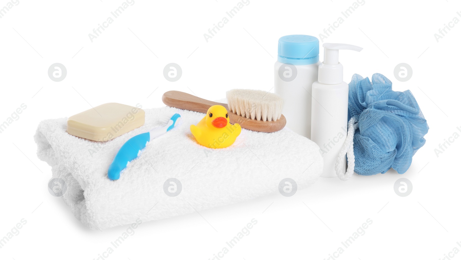 Photo of Baby cosmetic products, bath duck, toothbrush and towel isolated on white