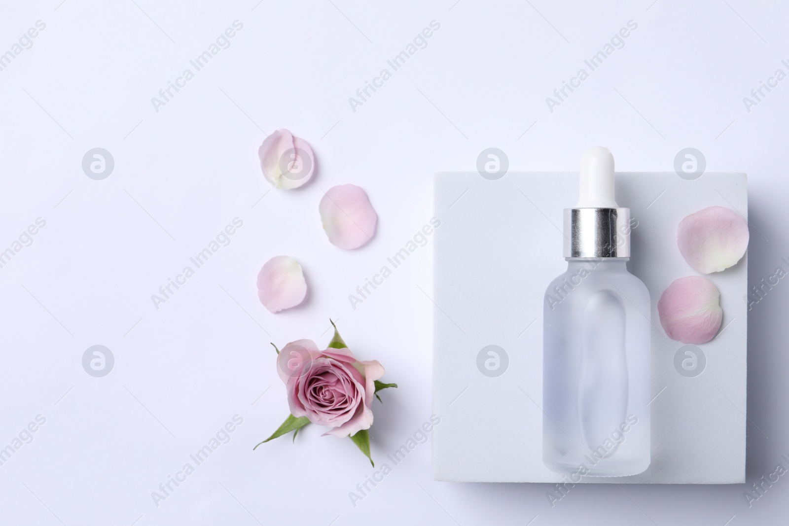 Photo of Bottle of cosmetic serum, beautiful rose flower and petals on white background, flat lay. Space for text
