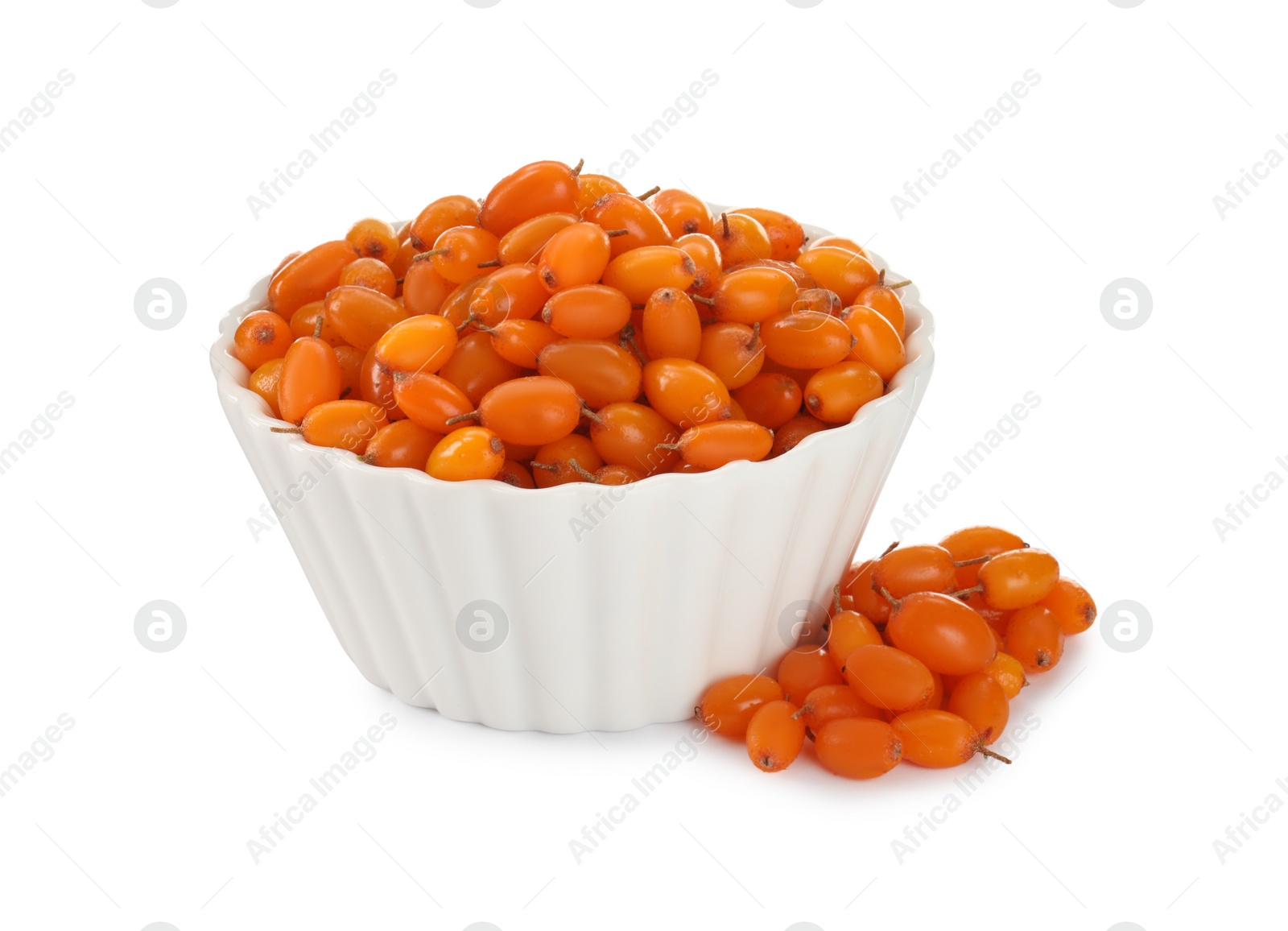 Photo of Bowl with fresh ripe sea buckthorn berries on white background