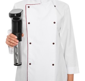 Photo of Chef holding sous vide cooker on white background, closeup