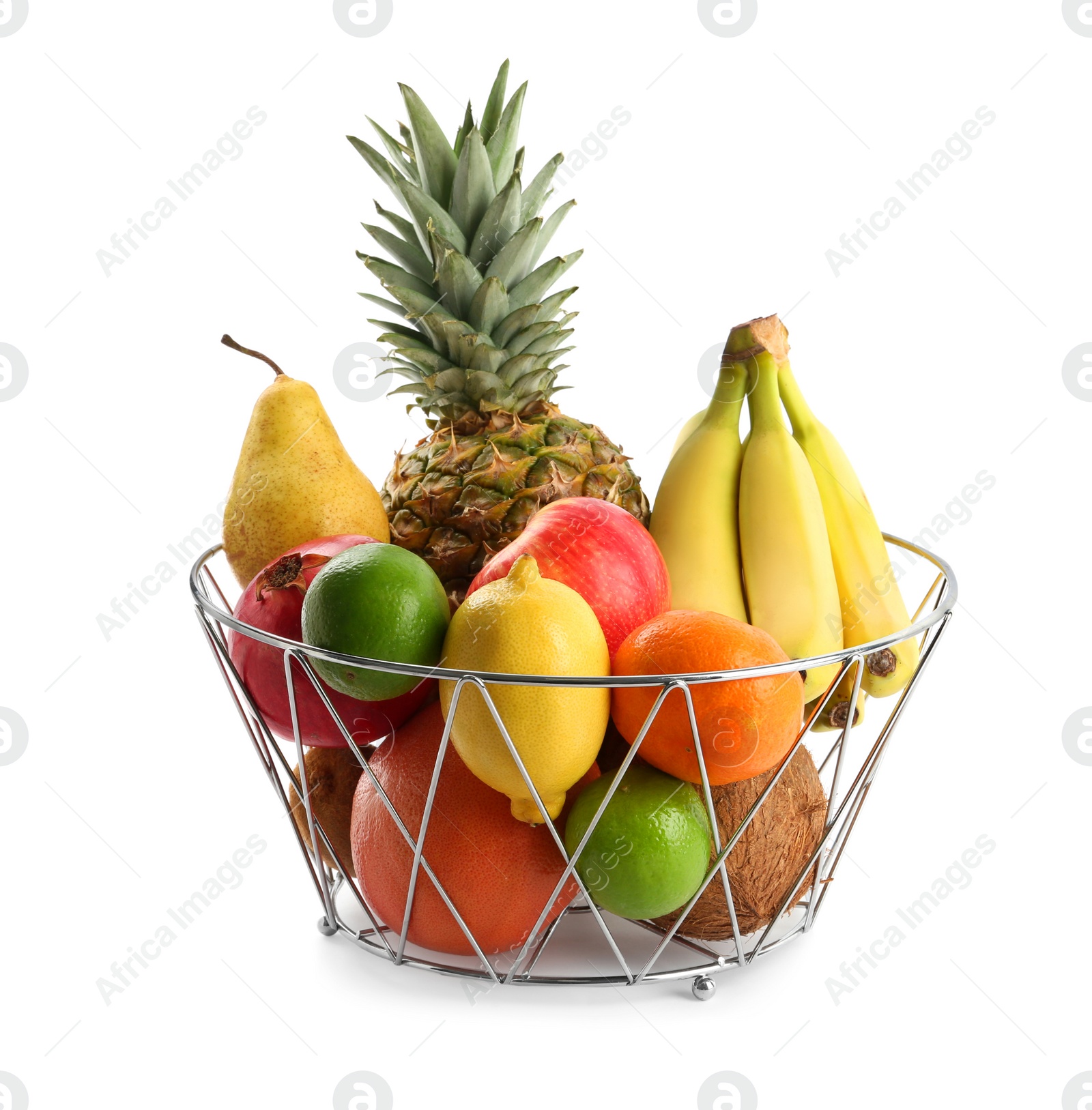 Photo of Metal basket with different ripe fruits on white background
