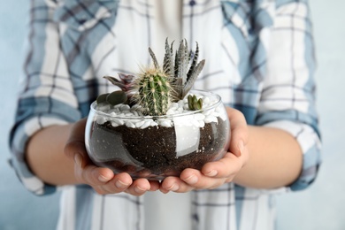 Photo of Young woman holding florarium with different succulents, closeup